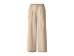 Beige wide-leg trousers with an elasticated waist and front button closure.