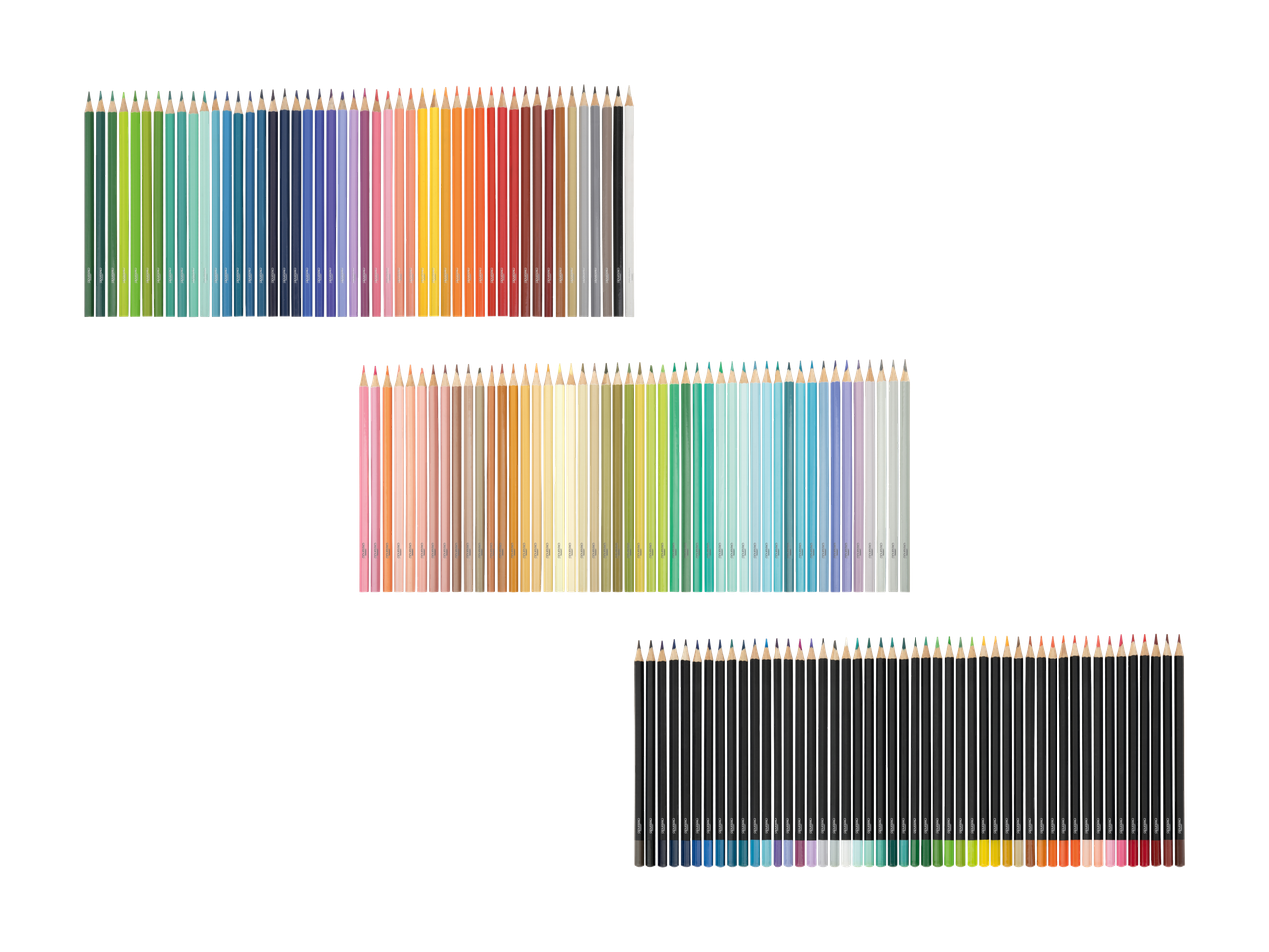 Trois rangées de crayons de couleur dans diverses nuances, disposées horizontalement.
