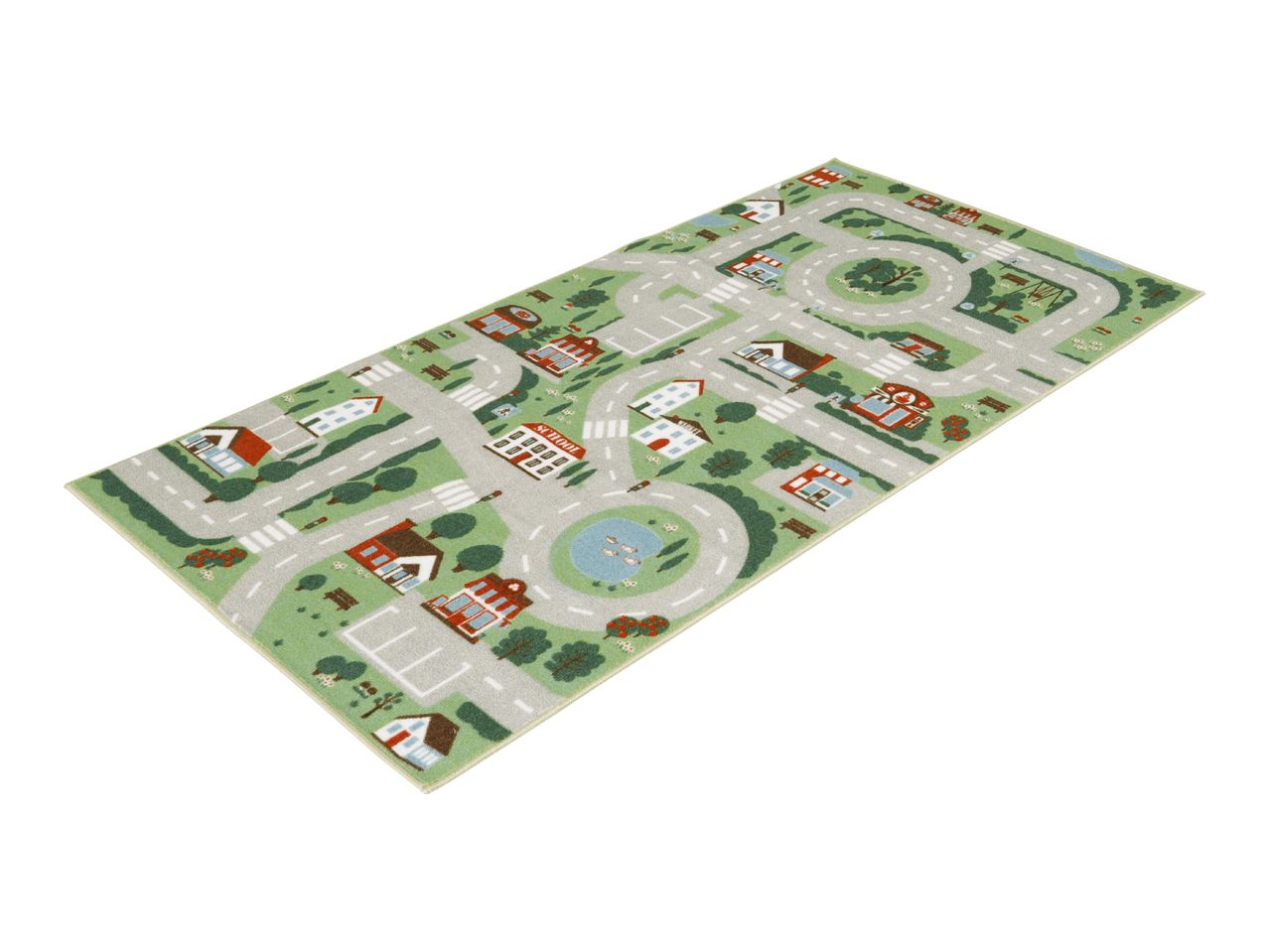 Kids' play rug with a town map design, featuring roads, houses, a school, and a pond.