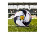 A football with a Scottish crest on a green field in a stadium.