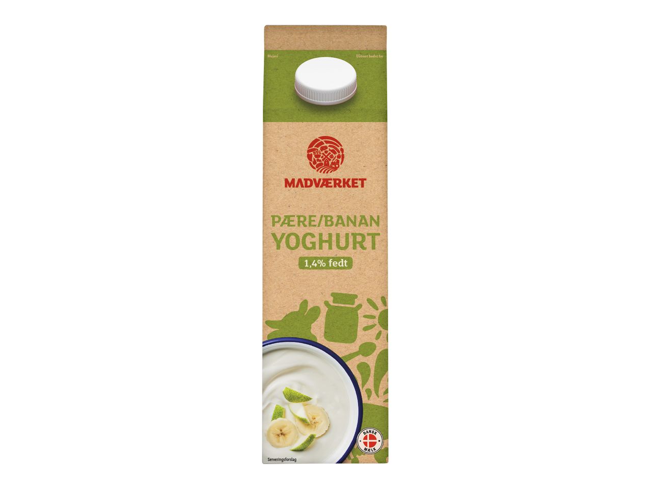 Madvaerket pære/banan yoghurt med 1,4% fedt i en karton.