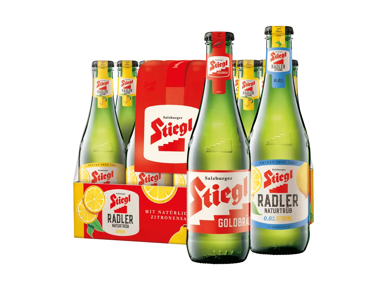 Stiegl Radler Zitrone und Goldbräu alkoholfreie Getränke im 6er-Pack.