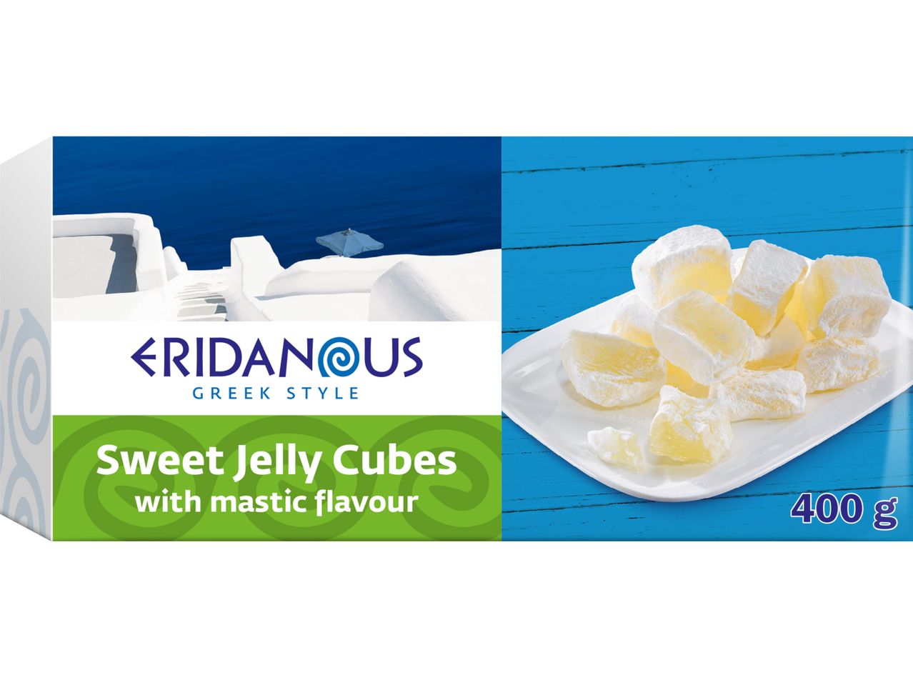 Кутия Eridanous Sweet Jelly Cubes с вкус на мастика, 400 г, на фона на гръцки пейзаж.
