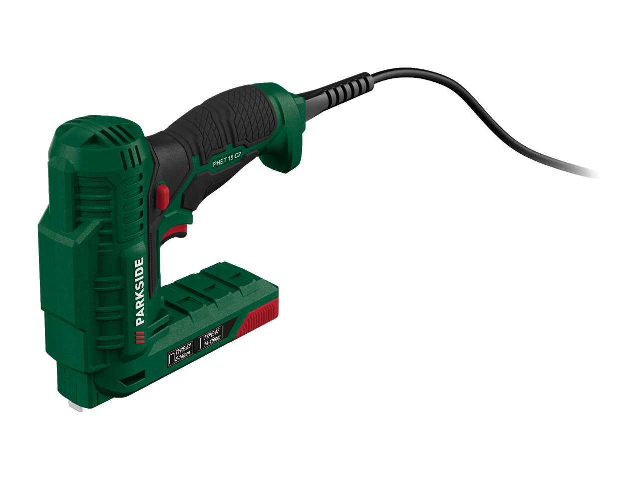 PARKSIDE elektriskais skavotājs PHET 15 C2 53. tipa skavām un 47. tipa naglām.