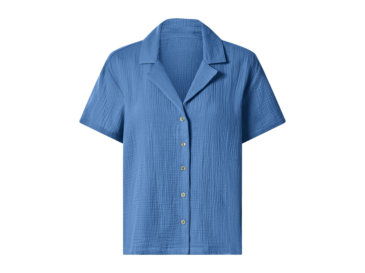 Blue short-sleeved button-up shirt with a textured fabric and a relaxed collar.