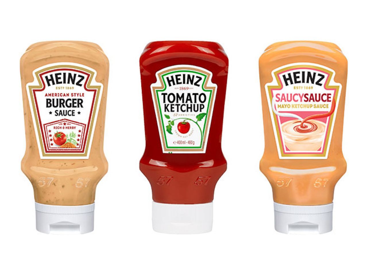 Three squeeze bottles of sauces: American style burger sauce, tomato ketchup, and mayo ketchup sauce.