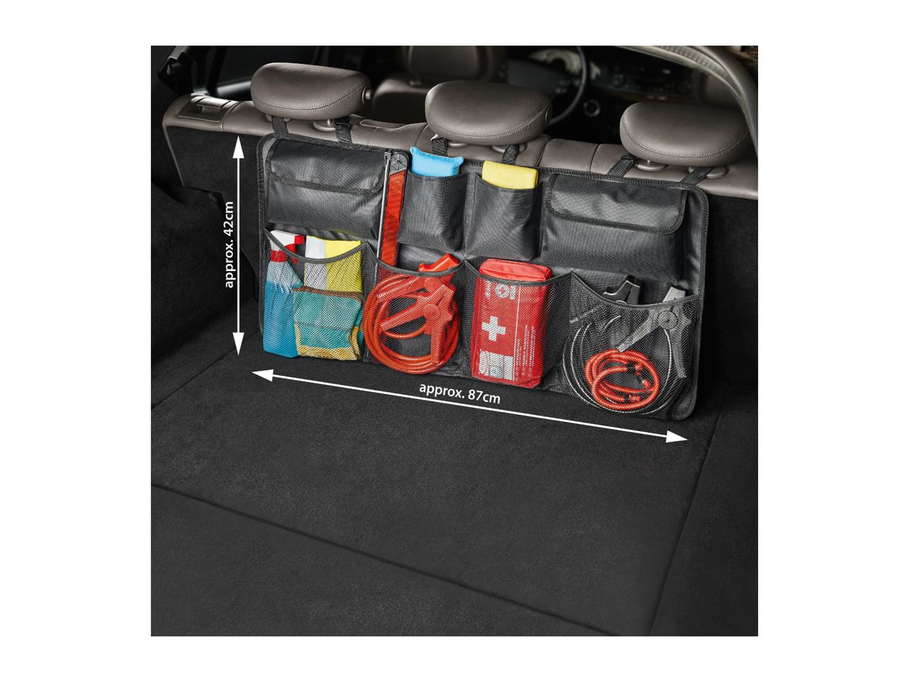 Car boot organiser with dimensions approx. 87 x 42cm, filled with emergency and cleaning items.