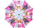 Barbie paraplu met poppenontwerpen en Barbie-logo in roze en blauw.