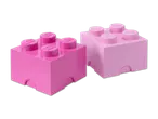 Zwei pinkfarbene Spielzeugbausteine, einer dunkelrosa und der andere hellrosa, auf weißem Hintergrund.