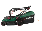 PARKSIDE® 1500W Electric Lawnmower, side view, green and black with red accents