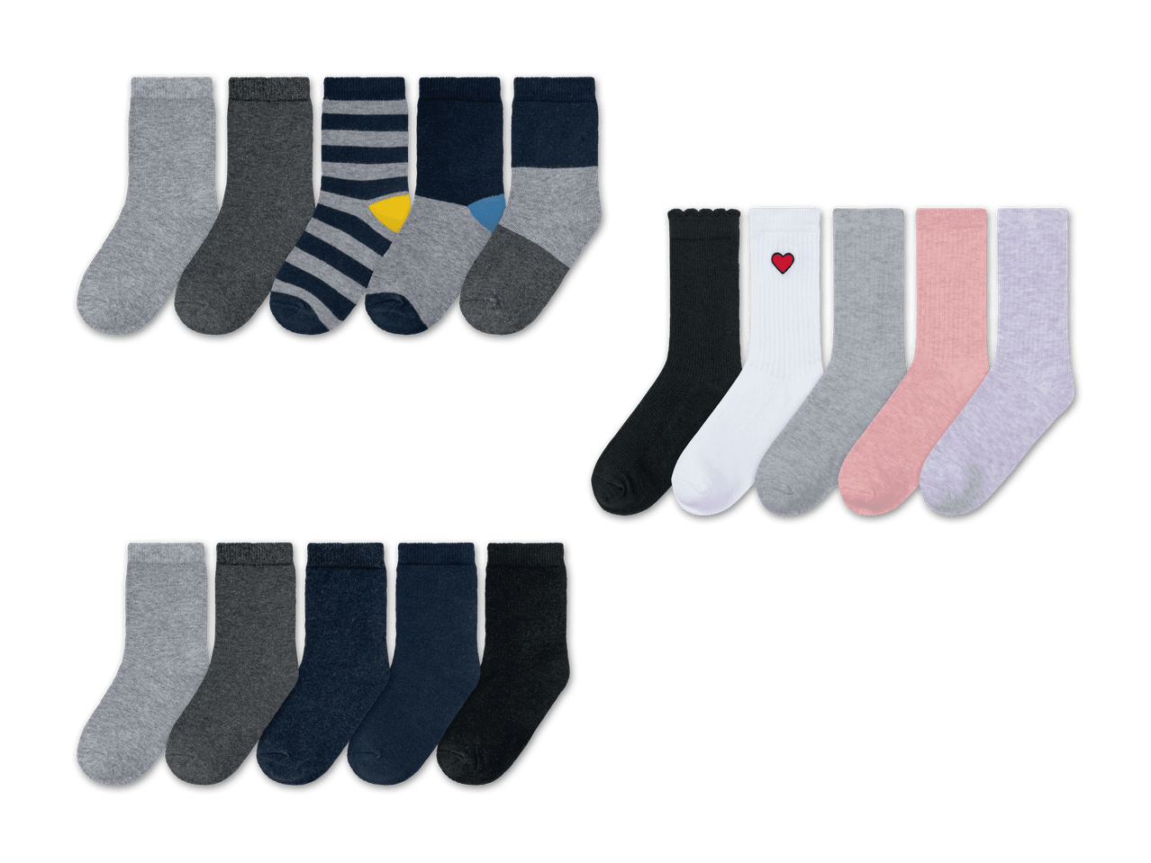 Eine Auswahl an Socken in verschiedenen Farben und Mustern, darunter Grau, Schwarz, Gestreift und mit Herzmotiv.
