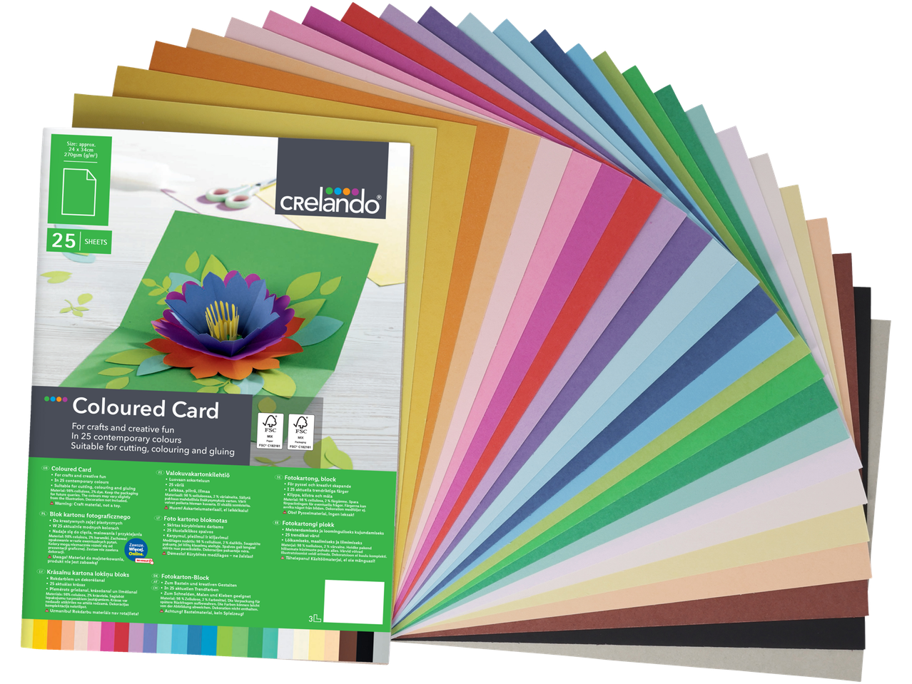 Crelando krāsaina kartona bloks: 25 loksnes radošai darbošanai.