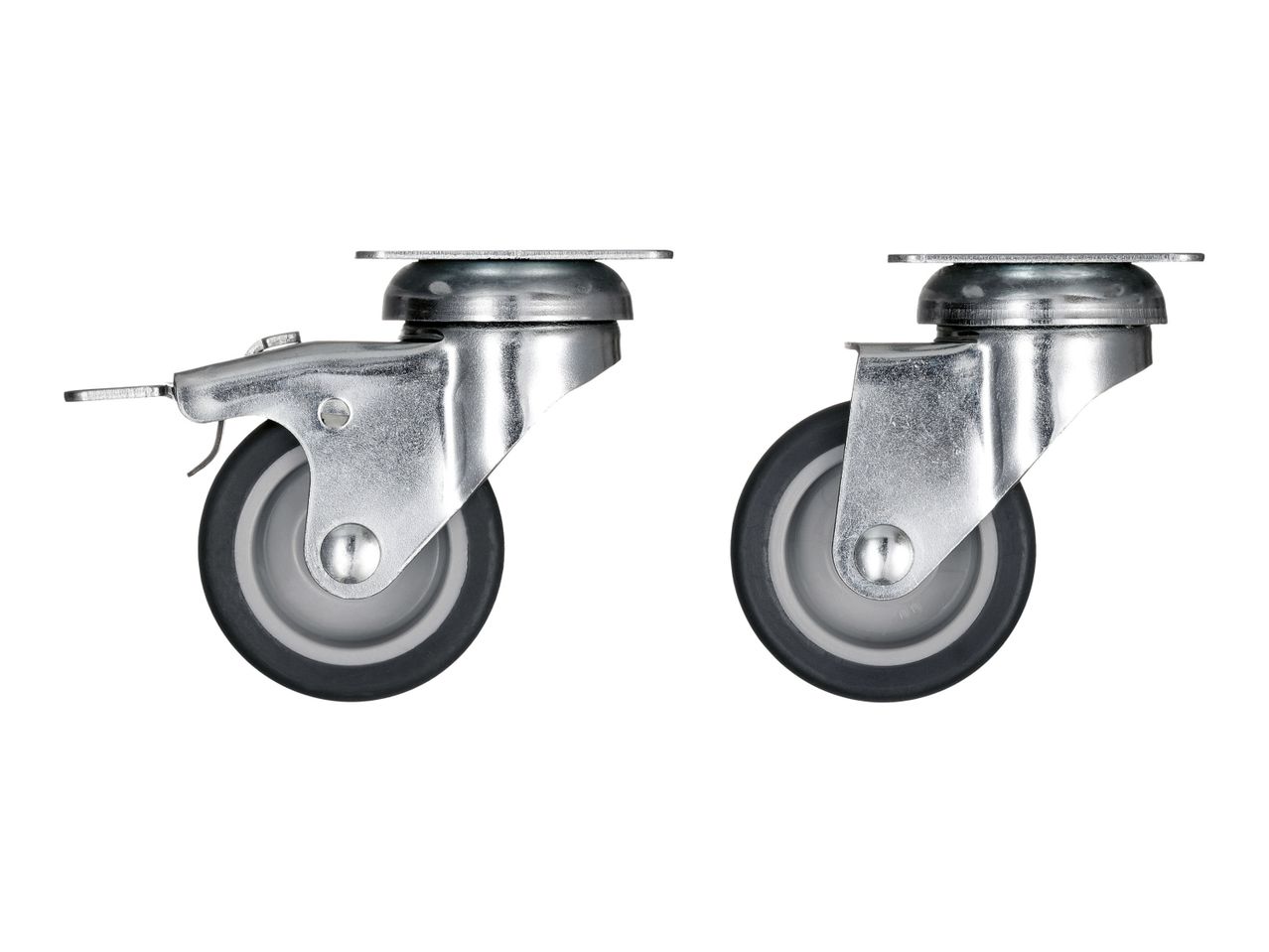 Two heavy-duty swivel casters with gray rubber wheels and metal housings.