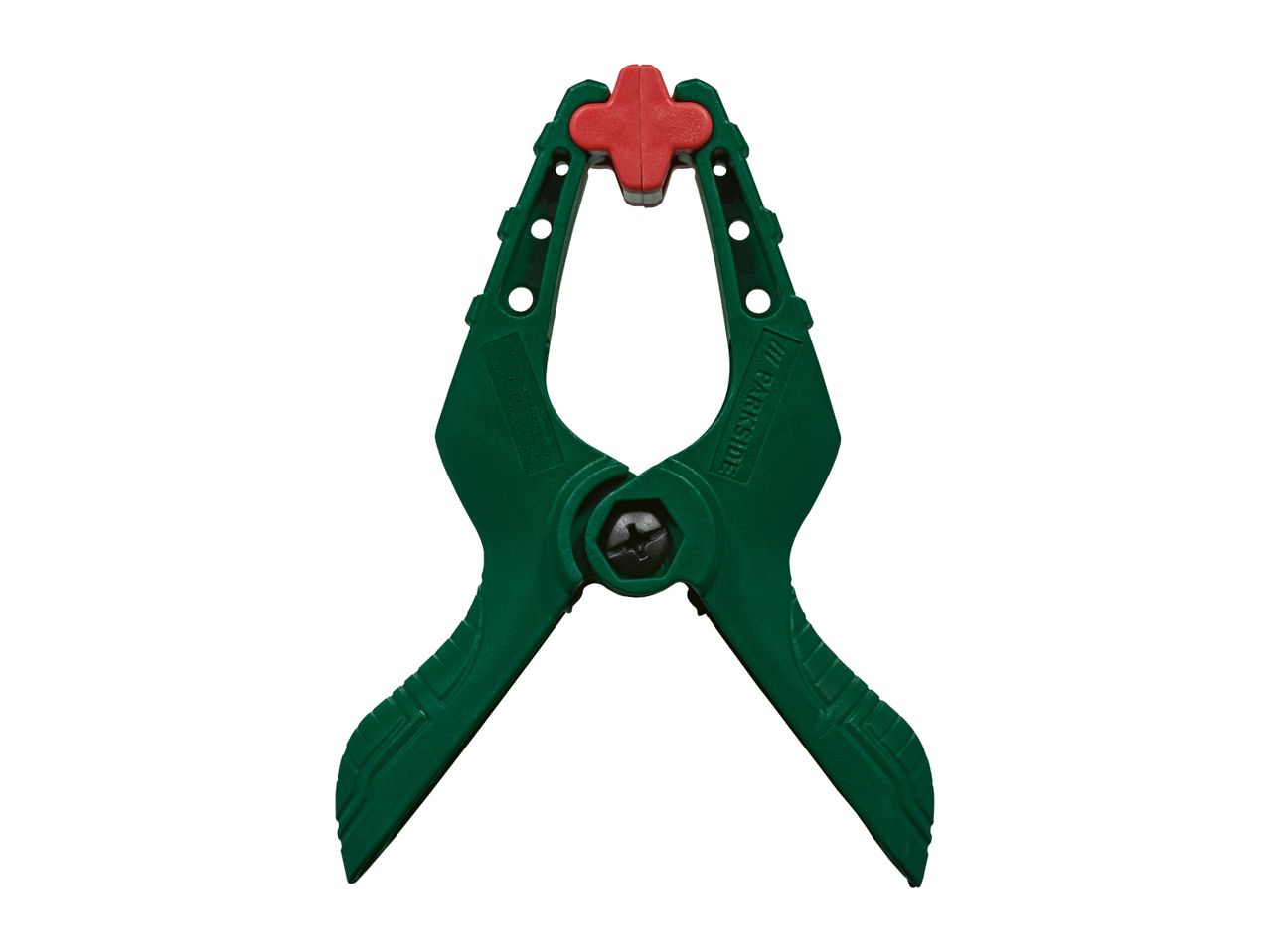Green and red spring clamp with a black screw