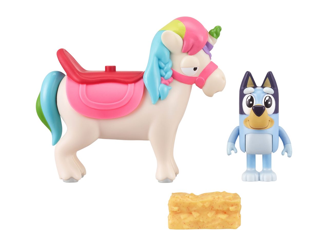 Bluey toy set with a unicorn, Bluey figure, and a block of cheese.