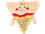 Peluche de pizza com rosto sorridente, cogumelos e cebola roxa.