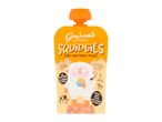 Peach and mango yogurt pouch with a cartoon yeti, highlighting natural ingredients and nutritional benefits.