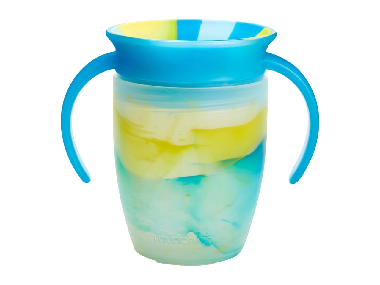 Blue and yellow swirled sippy cup with handles