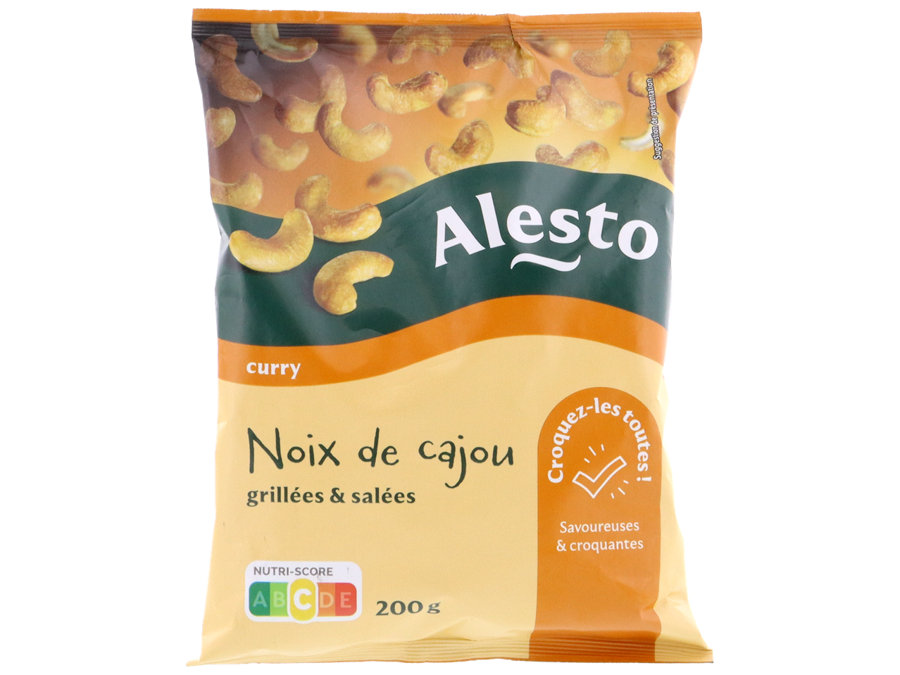 Sachet de noix de cajou grillées et salées au curry, avec Nutri-Score C et poids de 200g.