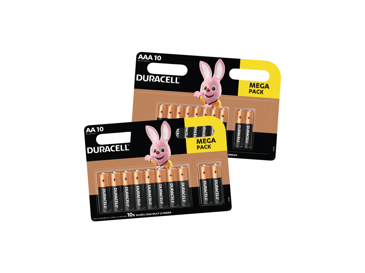 Dva pakovanja od po 10 AAA baterija sa zecom maskotom i natpisom „MEGA PACK“.