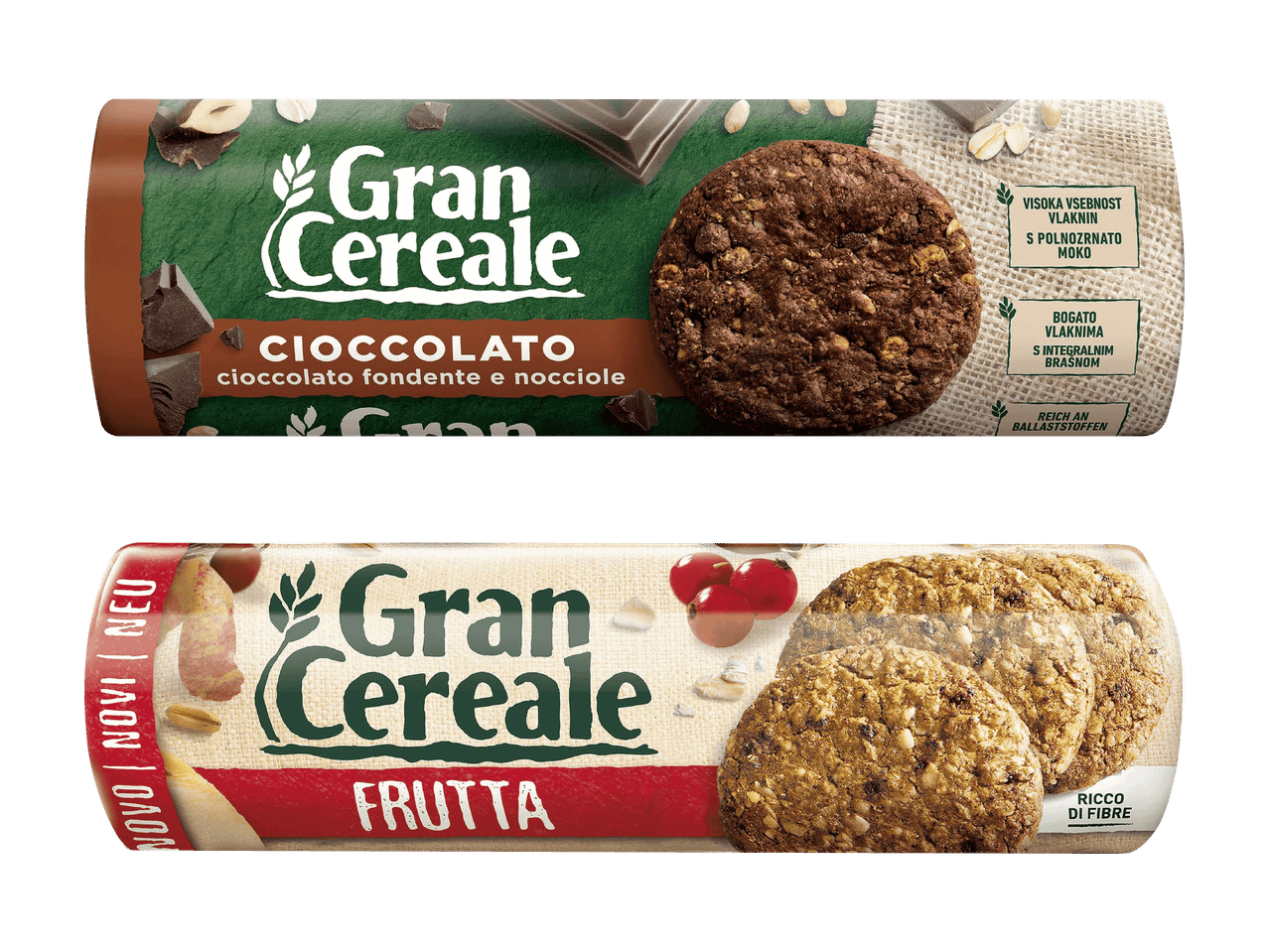 Zwei Packungen Müsli-Kekse: eine mit Zartbitterschokolade und Haselnüssen, die andere mit Früchten.