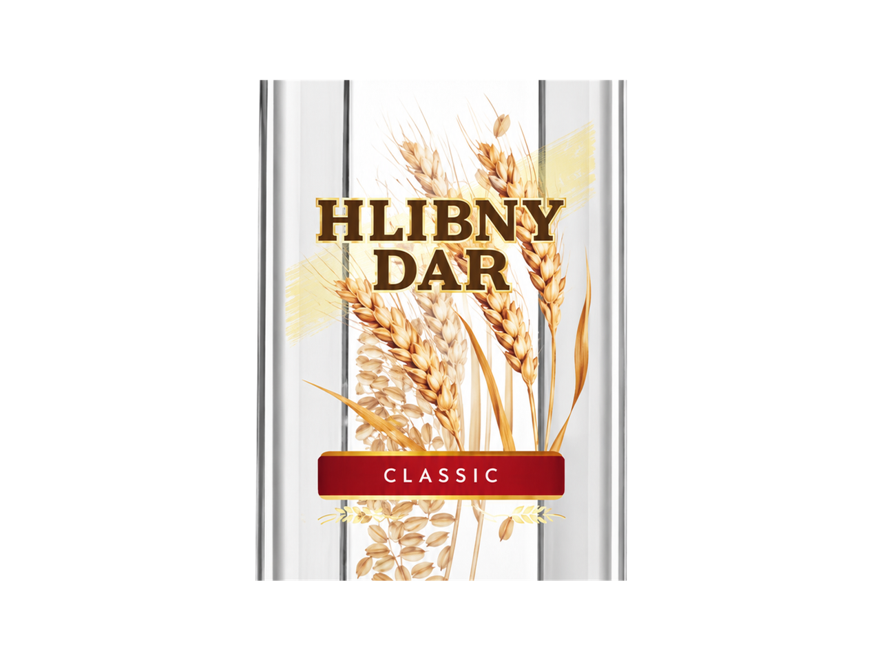Бутилка с етикет с пшенични класове и надпис „HLIBNY DAR CLASSIC“.