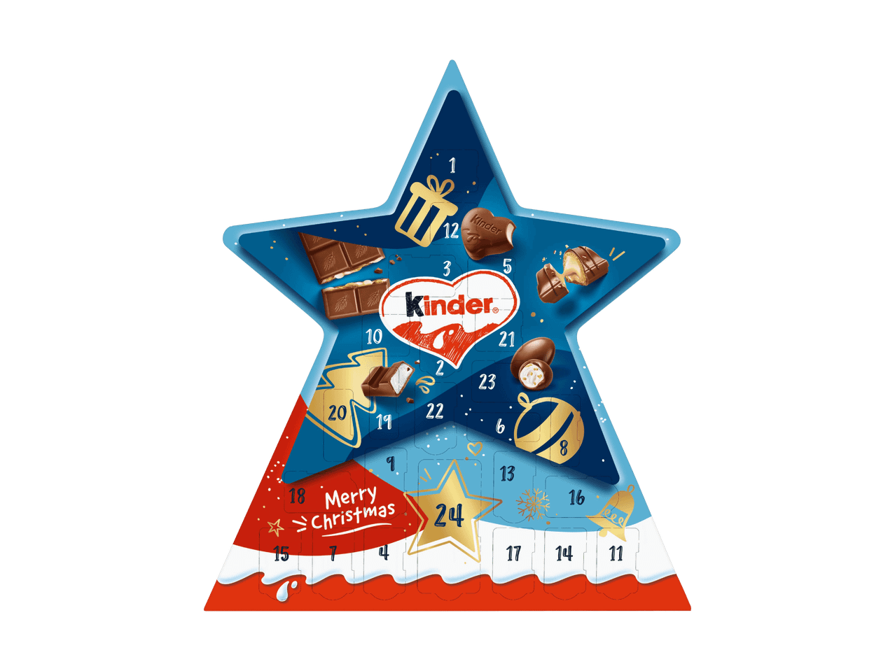 Ein sternförmiger Kinder Schokoladen-Adventskalender mit 24 Türchen und der Aufschrift 'Merry Christmas'.