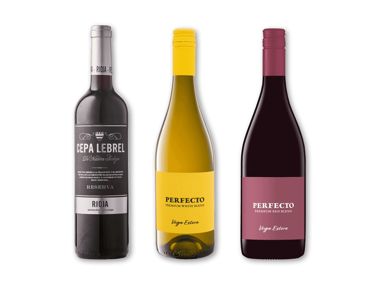 Tre vinflasker: en rødvin fra Rioja, en hvidvin og en rødvin med teksten 'Perfecto'.