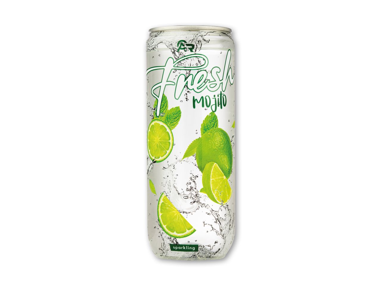 Hvid dåse med mousserende mojito-drik, dekoreret med limefrugter, mynteblade og vandsprøjt.