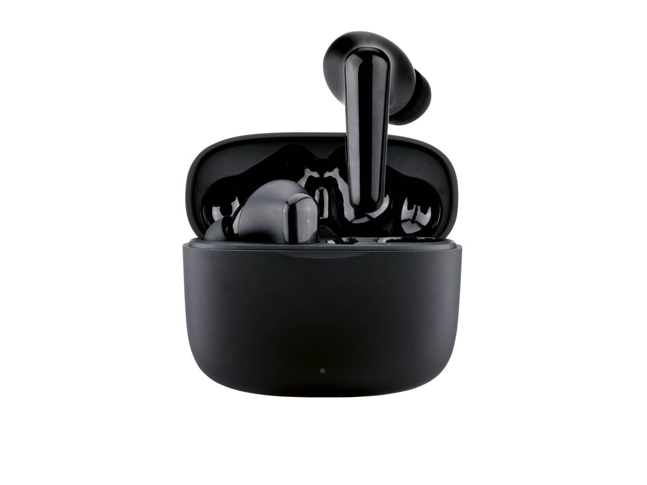 Black wireless earbuds in an open charging case.