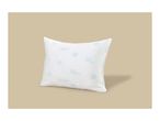 White pillow with blue snowflake and 'COLD TOUCH' pattern on a beige background.