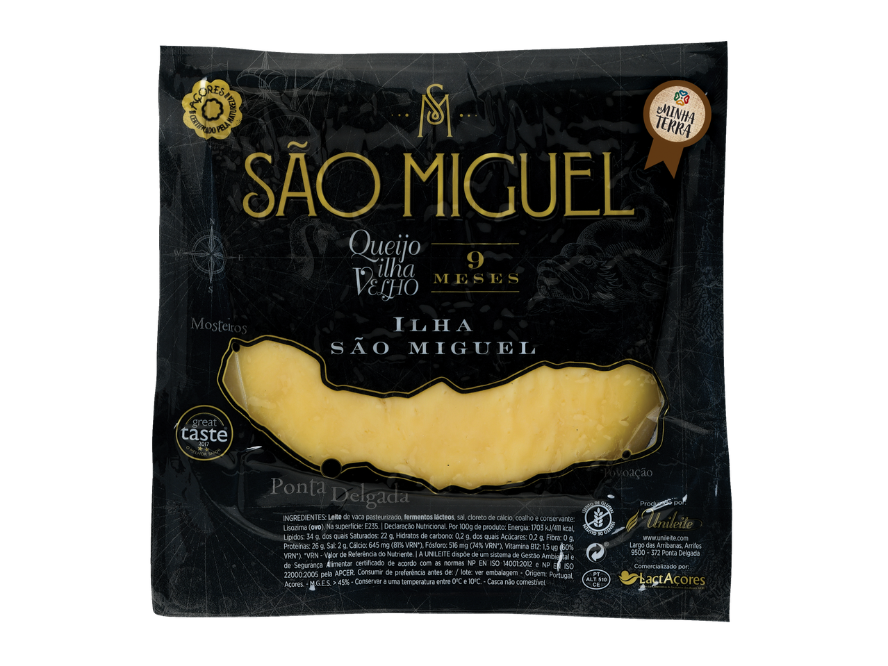 Milbona São Miguel Queijo 9 Meses em embalagem preta com letras douradas.