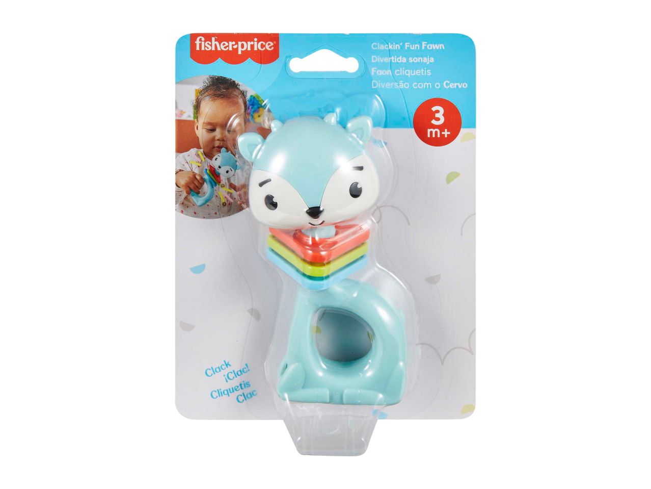 A baby rattle in the shape of a blue fawn with colorful rings, packaged for ages 3 months and up.
