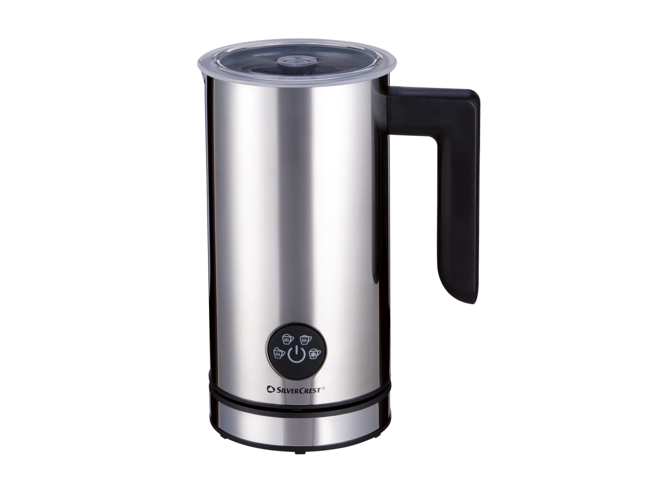 Silvercrest® roostevabast terasest piimavahustaja musta käepideme ja nuppudega.