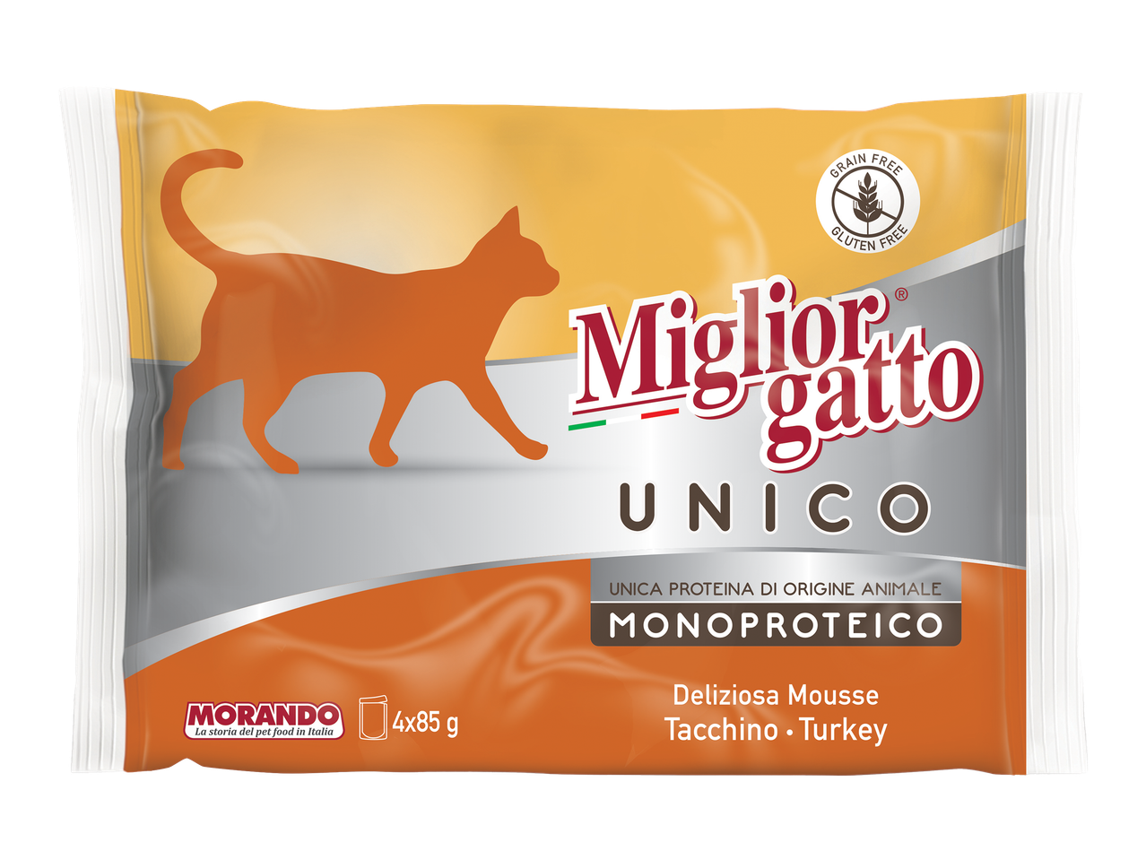 Pachet de hrană pentru pisici, fără cereale și gluten, cu mousse de curcan.