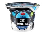 Milbona blueberry yogurt, fat free, high protein (20g).