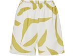 Shorts estivi a vita alta con stampa a foglie gialle su sfondo bianco.