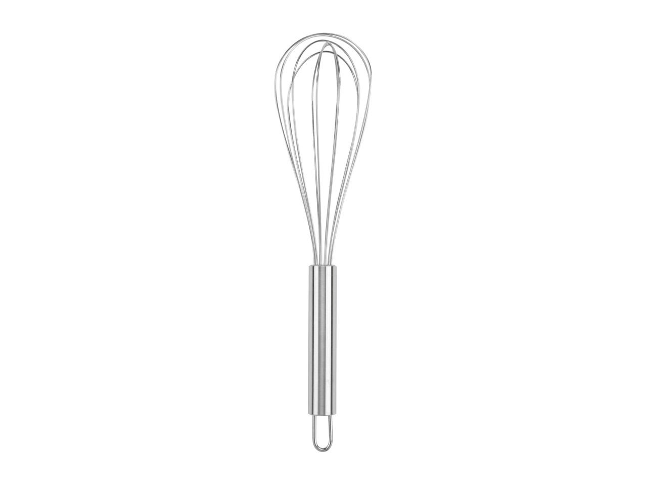 A stainless steel whisk.