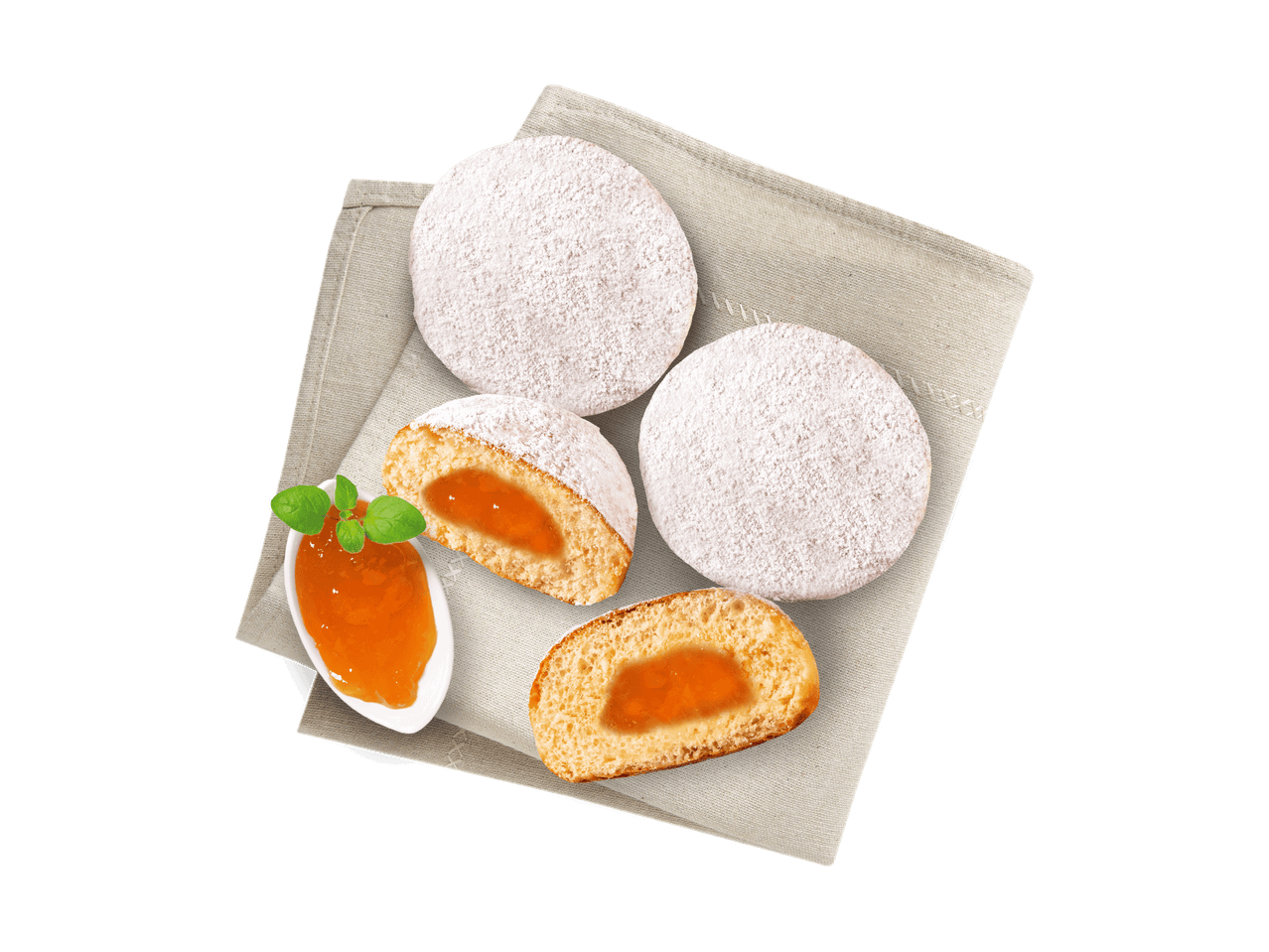 Puderzucker-Kekse mit Aprikosenmarmeladenfüllung und einem Löffel Marmelade auf einem Leinentuch.