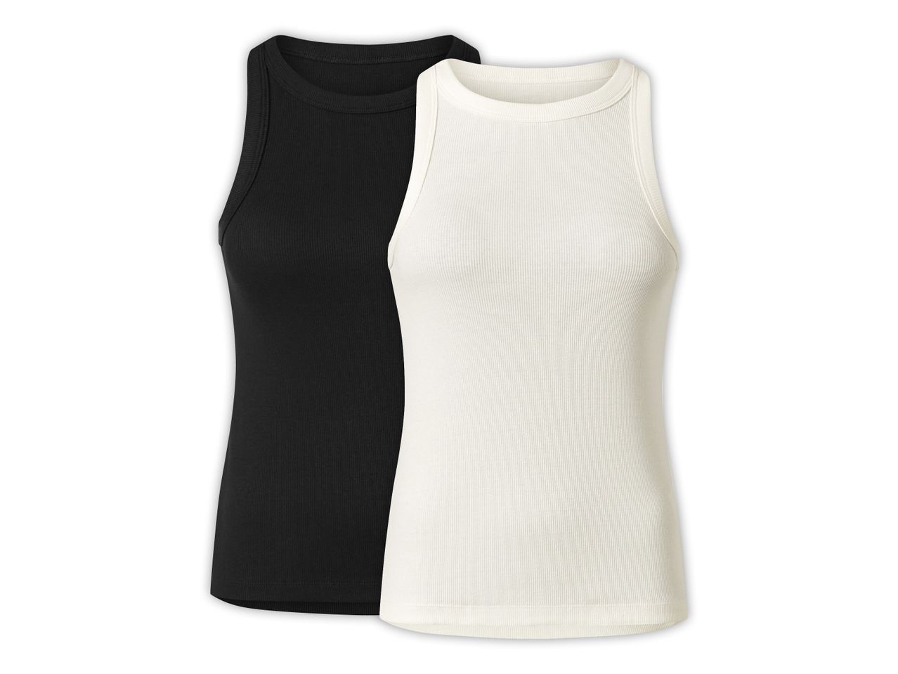 Two Ladies' Vest Tops, one black and one off-white, are stacked together.