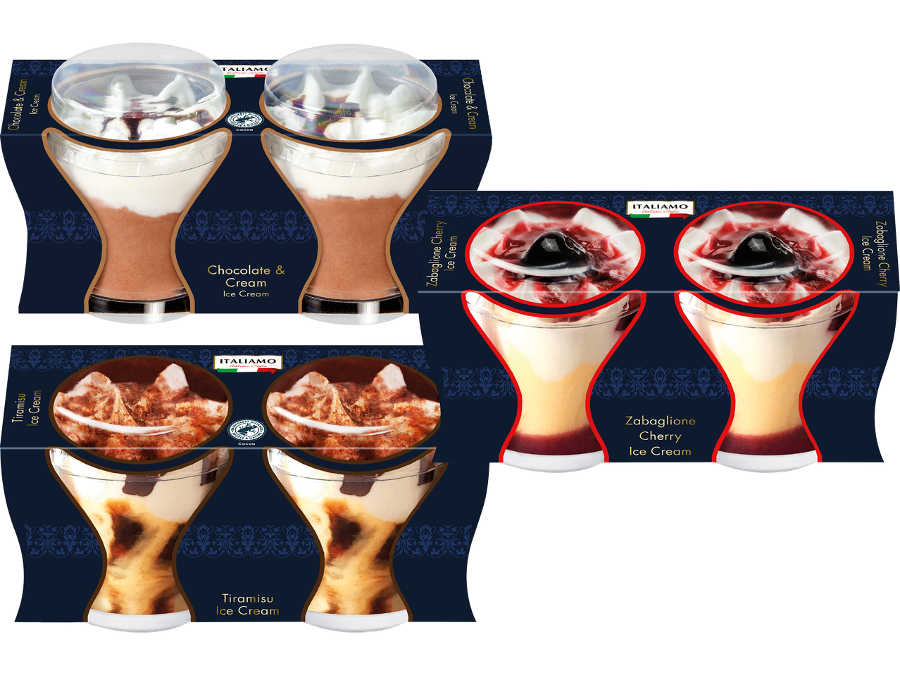 Italiano glass: Choklad & grädde, Zabaglione körsbär och Tiramisu.