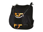 Black hydration vest with orange buckles and a clear drinking tube with a bite valve.