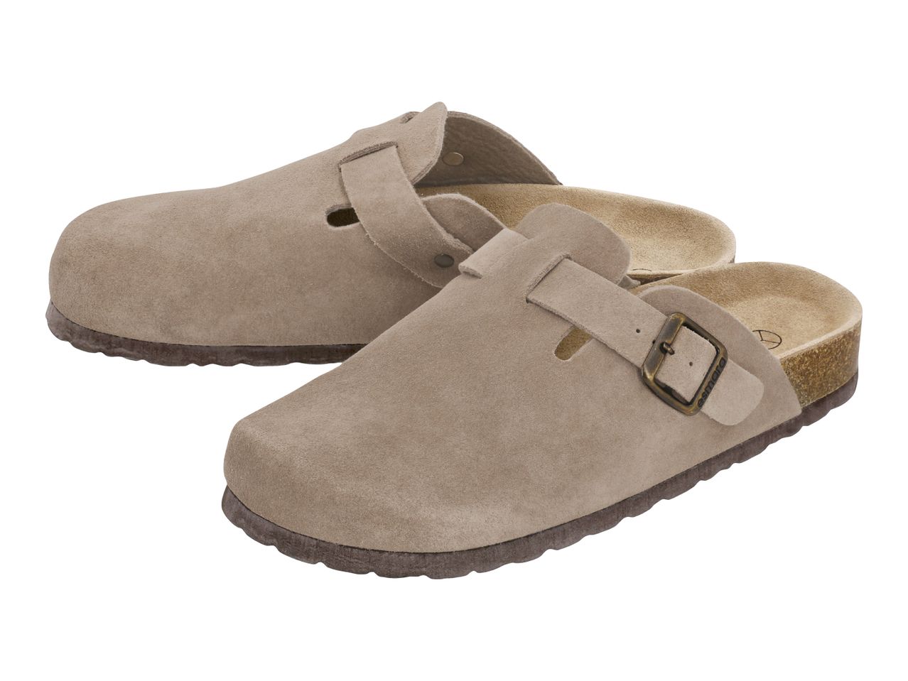 Pair of light brown suede clogs with adjustable buckles