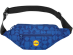 Blue Lidl bum bag with geometric pattern and Lidl logo on a yellow patch.