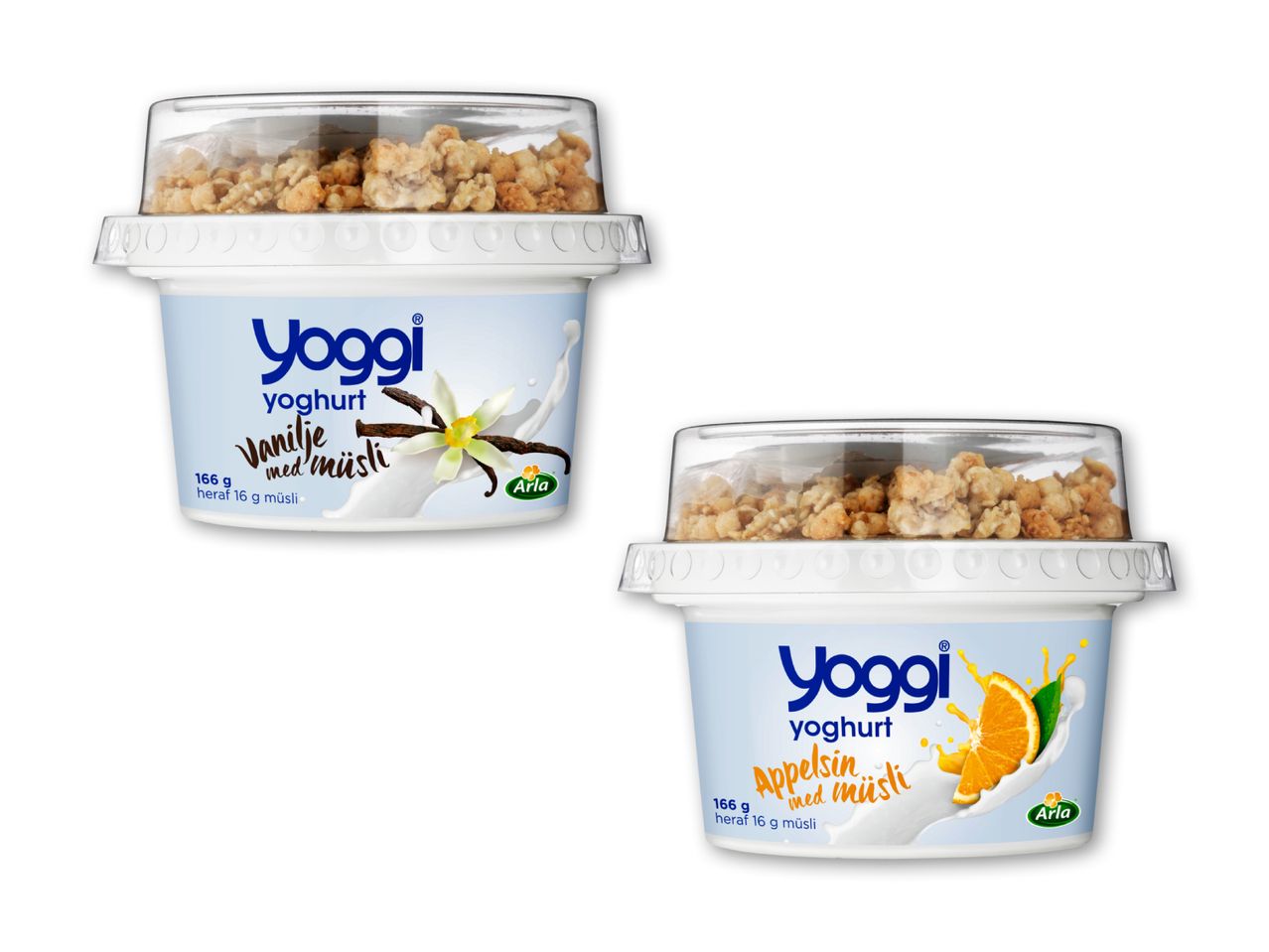 To yoghurtbægre med müsli, en med vaniljesmag og en med appelsinsmag.