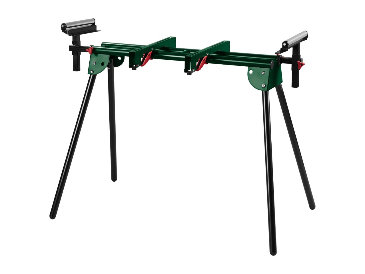 Green and black saw stand with roller supports for woodworking