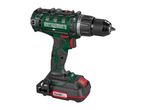 Cordless drill with a 20V battery, featuring a green and black body with red accents.