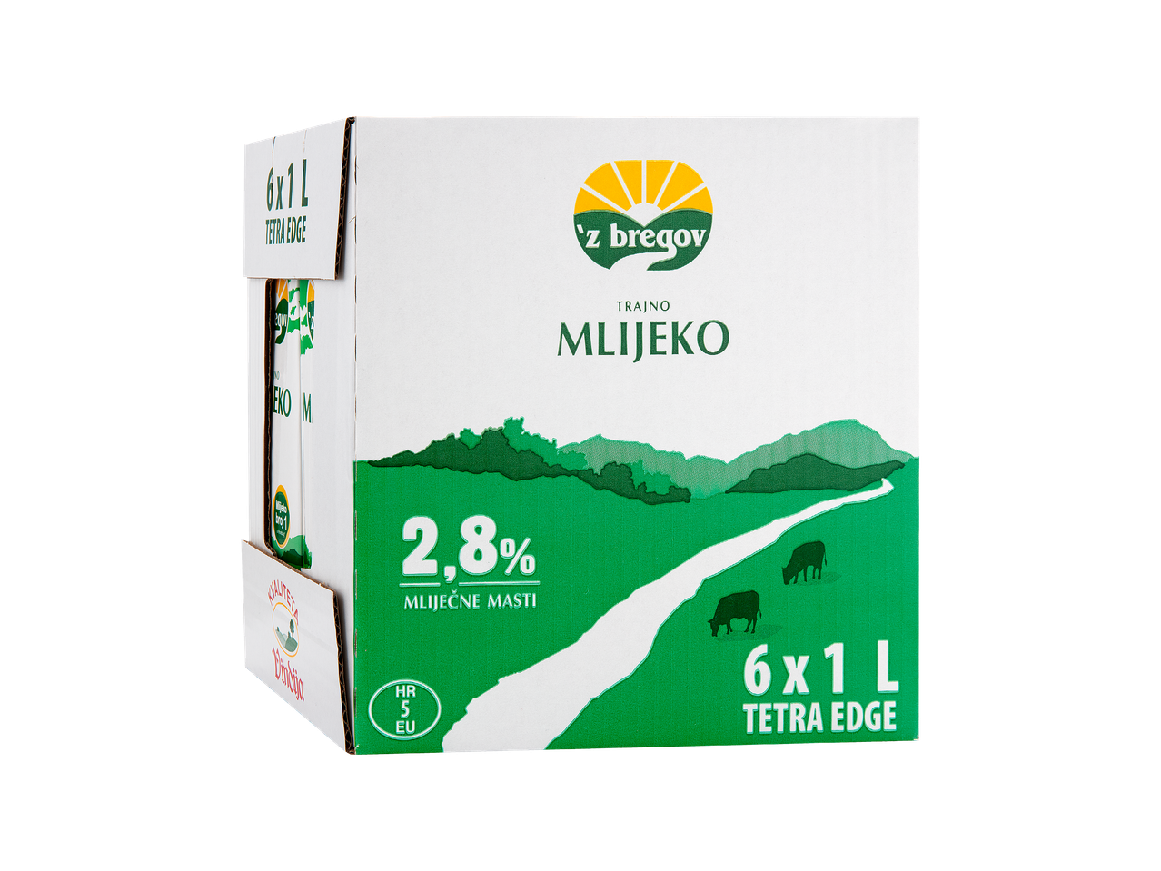 Pakiranje mlijeka 'z bregov 2,8% mliječne masti, 6x1L, s motivom pašnjaka i krava.