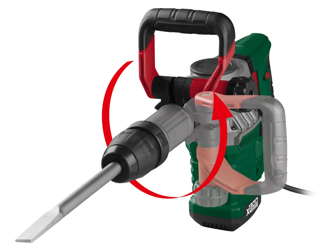 A PARKSIDE® Demolition Hammer rotates, showcasing its versatility.