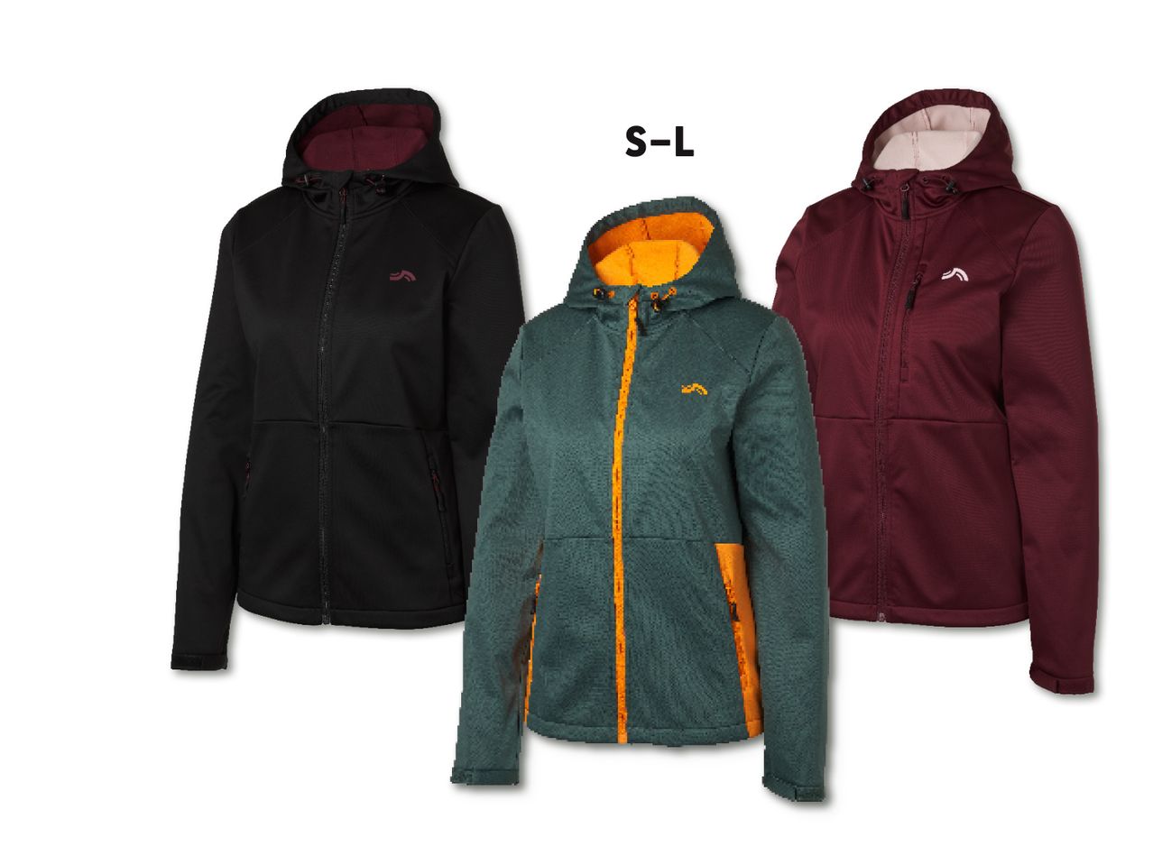 Kolm naiste softshell-jakki suurustes S-L: must, roheline ja burgundia.